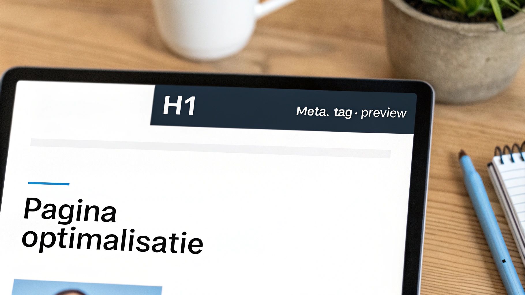 Close-up van een tablet die 'H1' en 'Pagina optimalisatie' toont, relevant voor SEO. Een pen en notitieblok liggen op tafel.