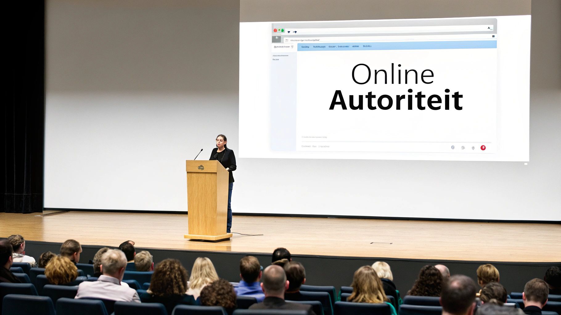Vrouw spreekt aan podium met publiek, scherm toont 'Online Autoriteit' in een presentatie.