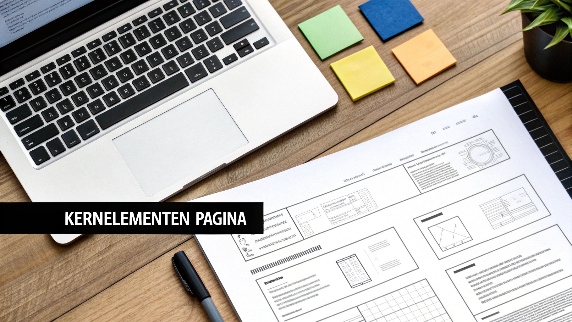 Een bovenaanzicht van een werkplek met laptop, post-its, een plant, pen en een document met 'KERNELEMENTEN PAGINA'.