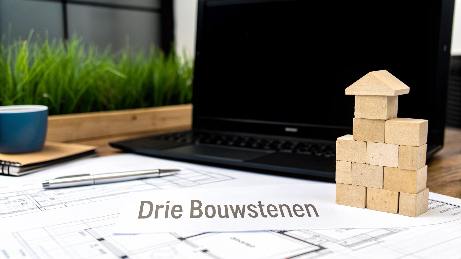 Werkplek met bouwtekeningen, een laptop, plant, en houten blokken die een huisje vormen. Tekst: 'Drie Bouwstenen'.