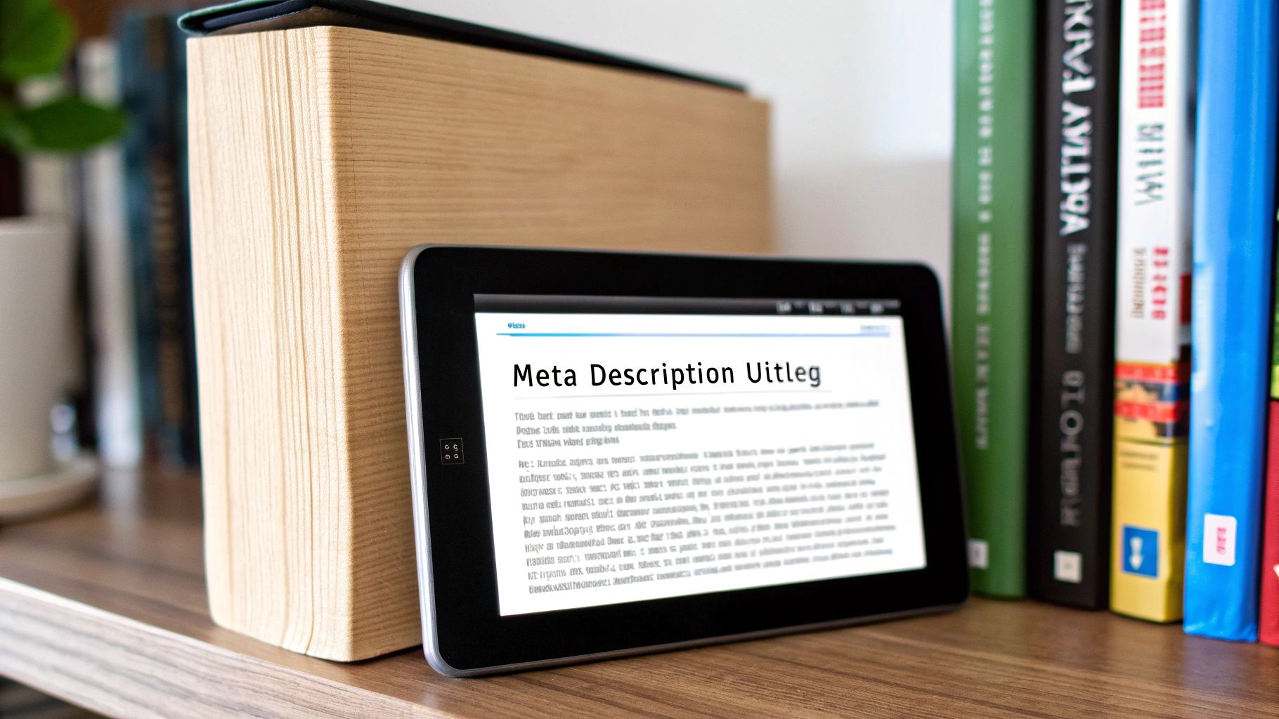 Een tablet toont een artikel over 'Meta Description Uitleg' op een houten plank met boeken.