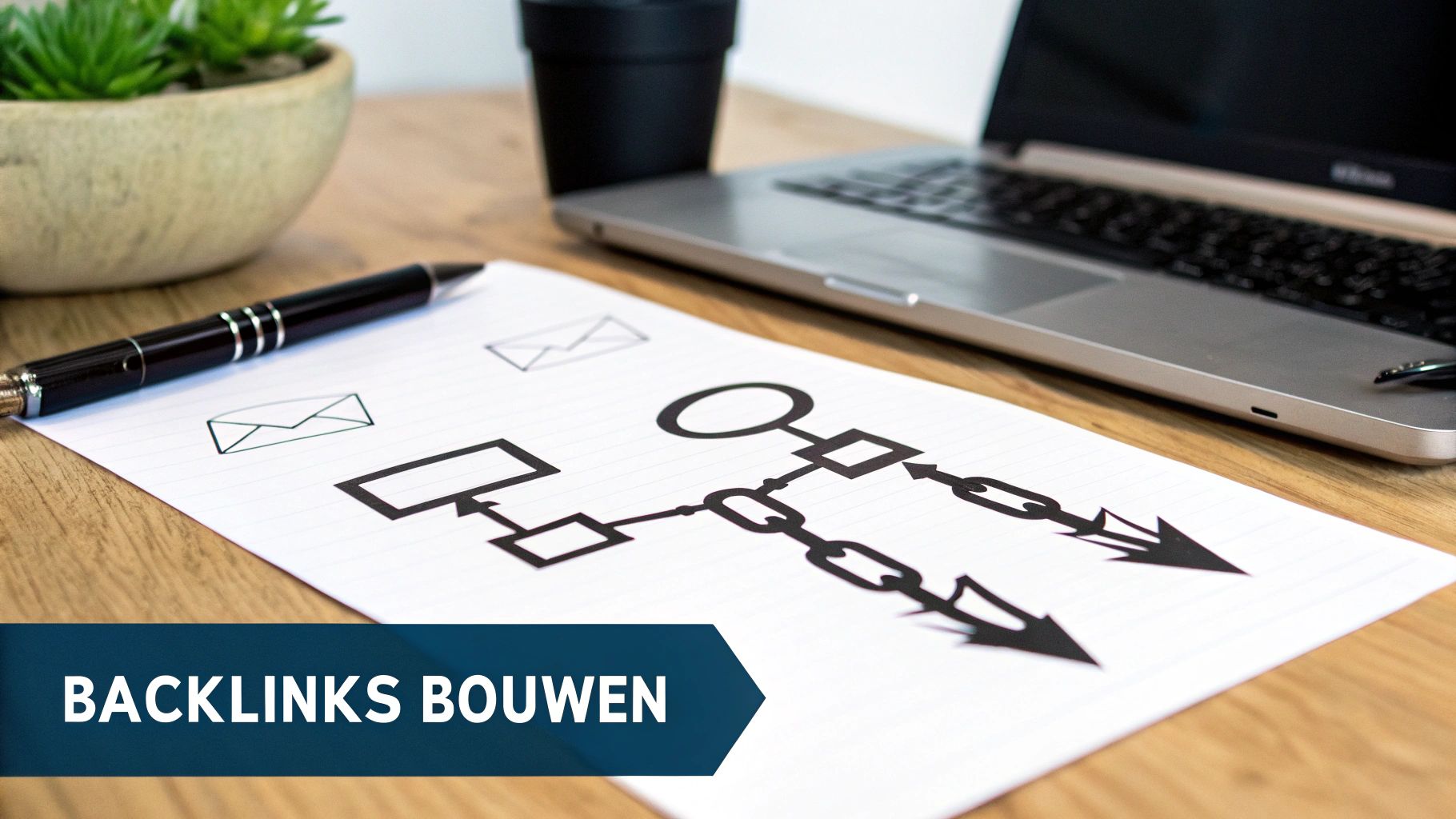 Een close-up van een bureau met een laptop, pen en papier met een stroomschema van backlinks.