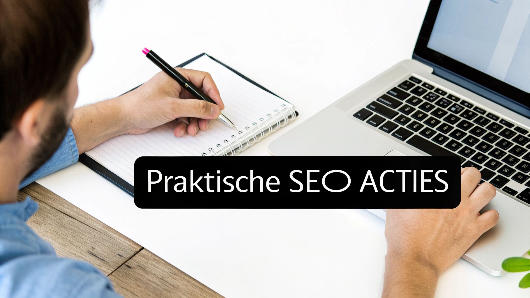 Man schrijft in een notitieboekje naast een laptop op een wit bureau, met de tekst 'Praktische SEO ACTIES'.
