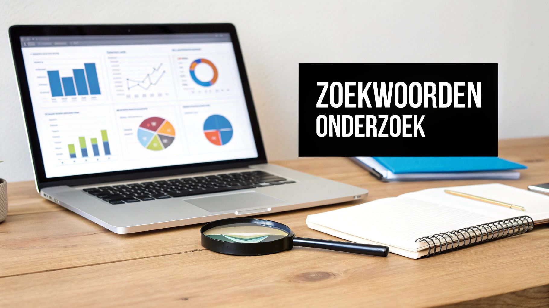 Laptop met SEO-analysetools, zoekwoordenonderzoekstekst en werkplekbenodigdheden op een houten bureau.