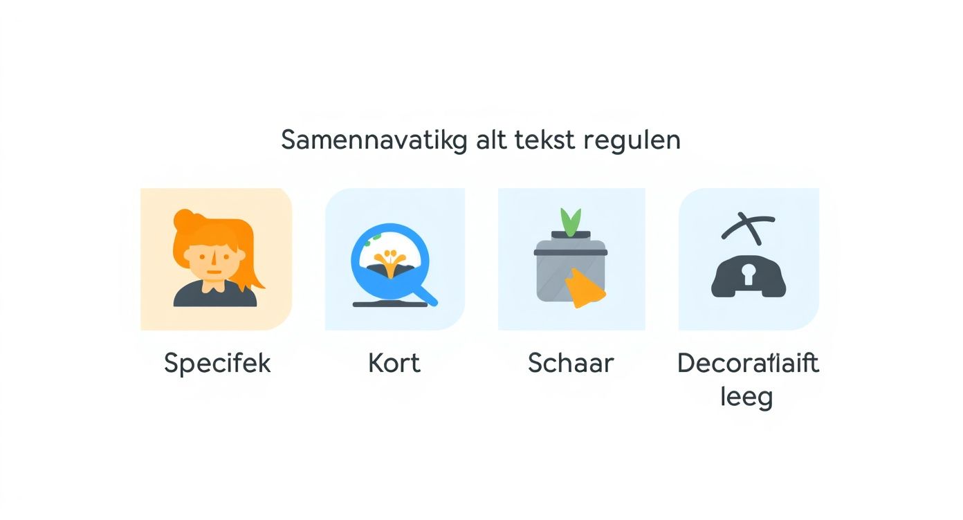 Een diagram over richtlijnen voor alt teksten, met iconen voor 'Specifiek', 'Kort', 'Schaar' en 'Decoratief/leeg'.
