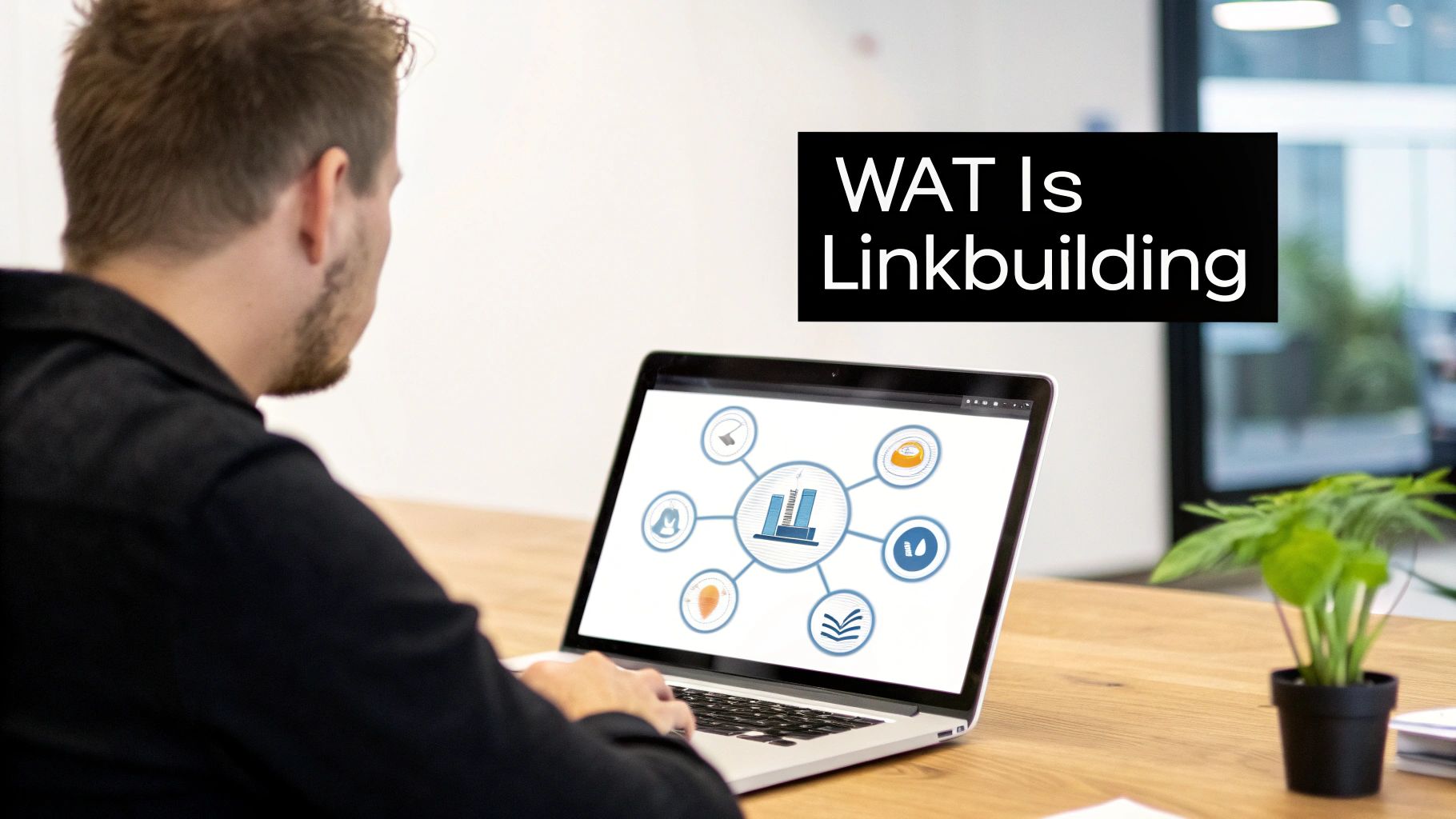 Man kijkt naar laptop met linkbuilding diagram, terwijl de tekst 'WAT Is Linkbuilding' op de afbeelding staat.