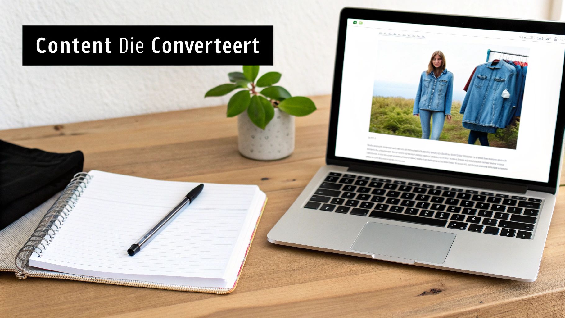 Een persoon die aantekeningen maakt in een notitieboek, omringd door grafieken en data, wat contentstrategie en onderzoek symboliseert
