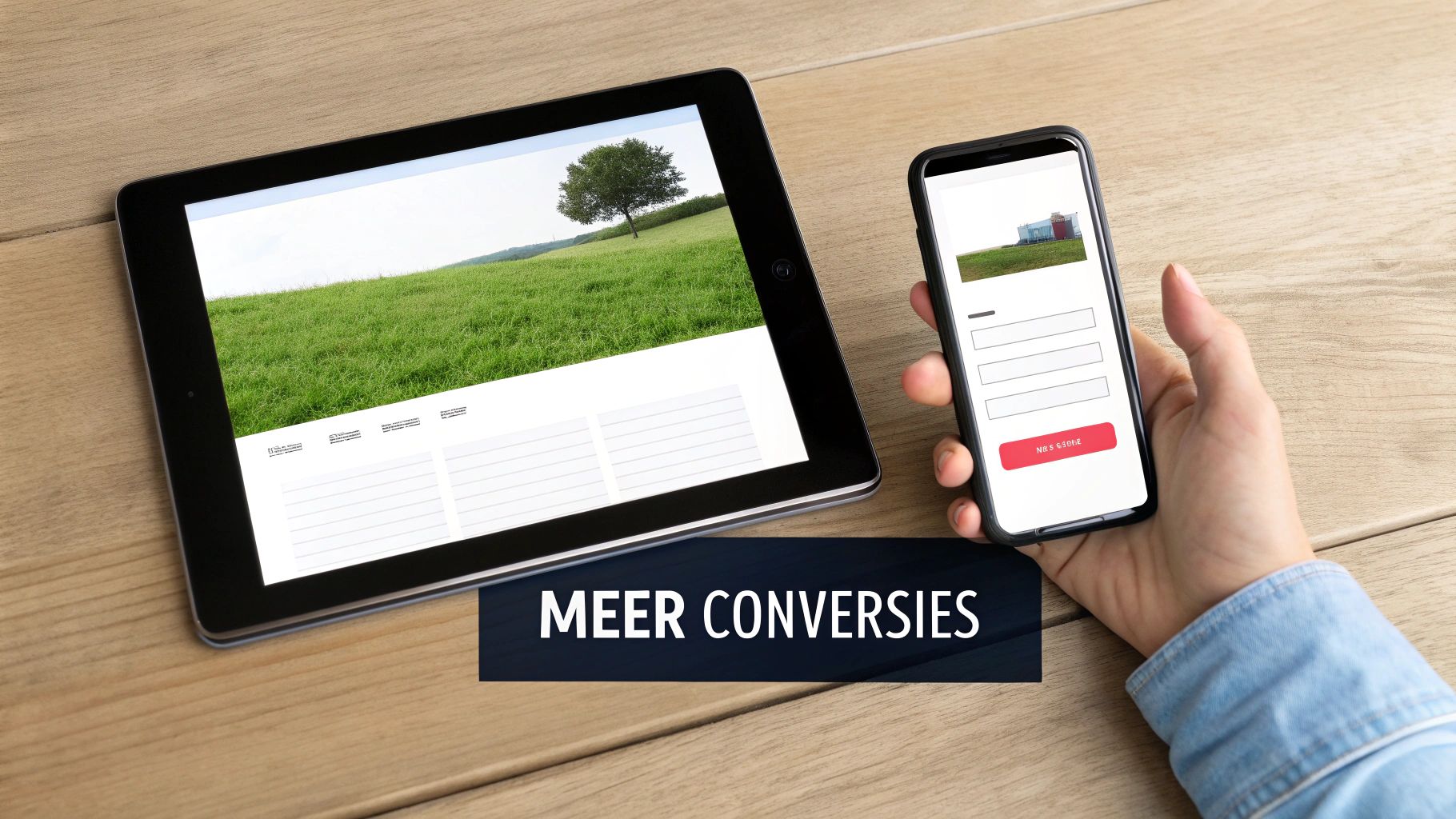 Tablet en smartphone tonen responsieve websites op een houten tafel, met de boodschap 'MEER CONVERSIES'.