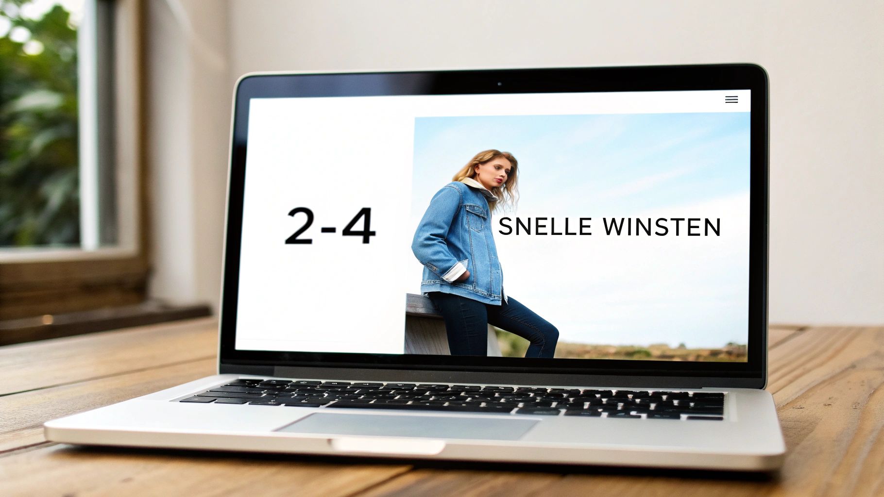 Laptop toont snelle winsten webshop met vrouw in spijkerjasje, conversie optimalisatie concept