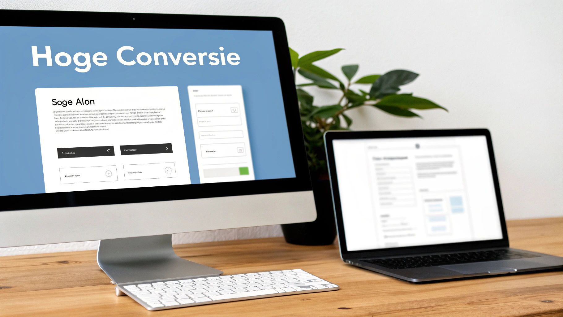 Werkplek met desktop en laptop, waarop een website 'Hoge Conversie' toont op een houten bureau.