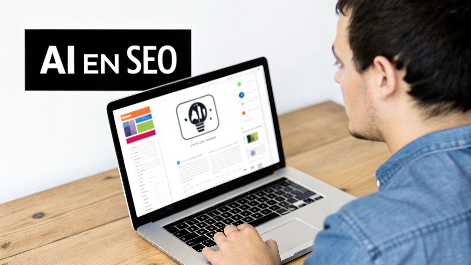 Een man typt op een laptop met een artikel over AI en SEO op het scherm, met de tekst 'AI EN SEO' op de achtergrond.