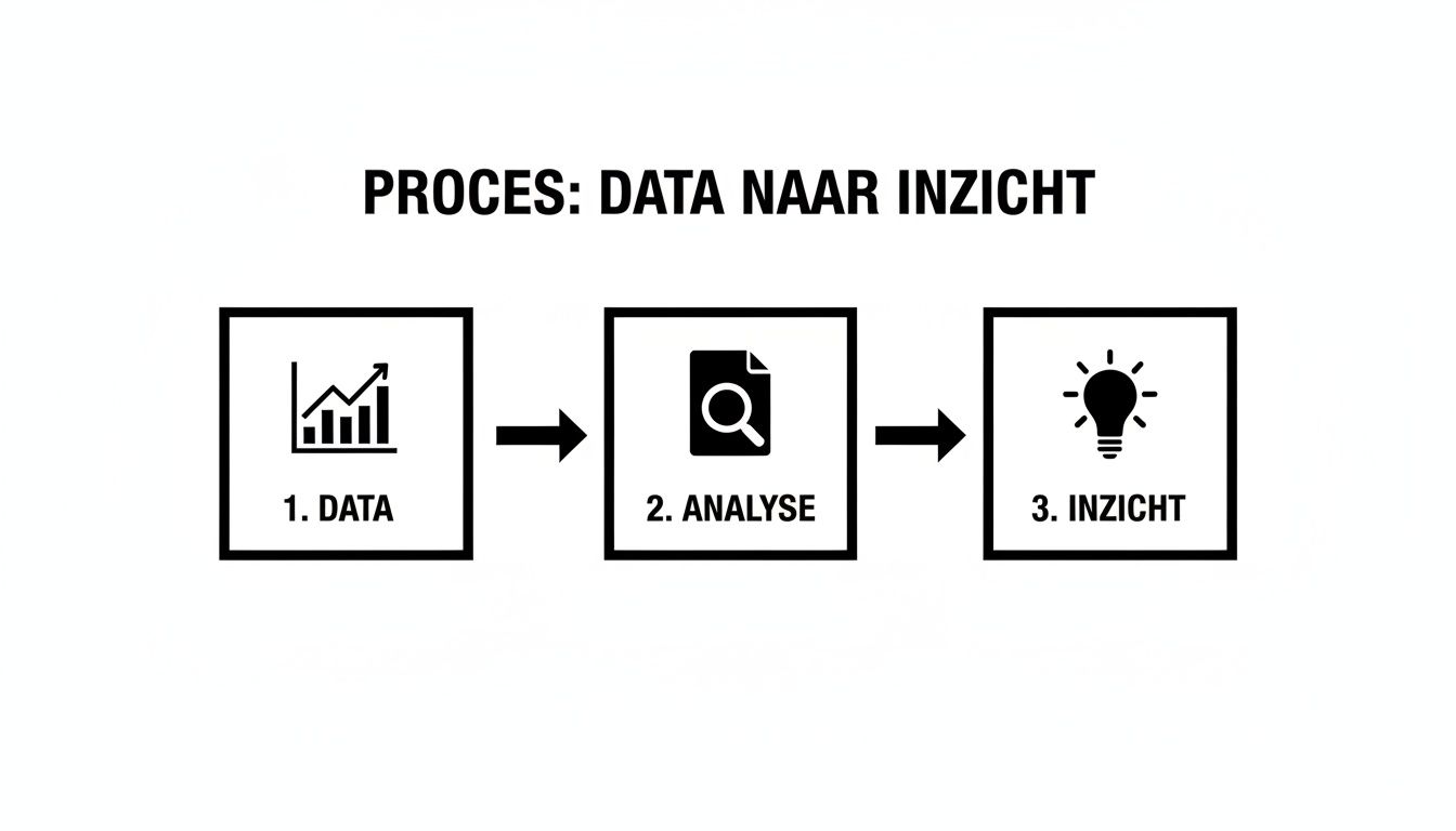 Een helder schema dat het proces van data naar analyse en uiteindelijk waardevolle inzichten visualiseert.