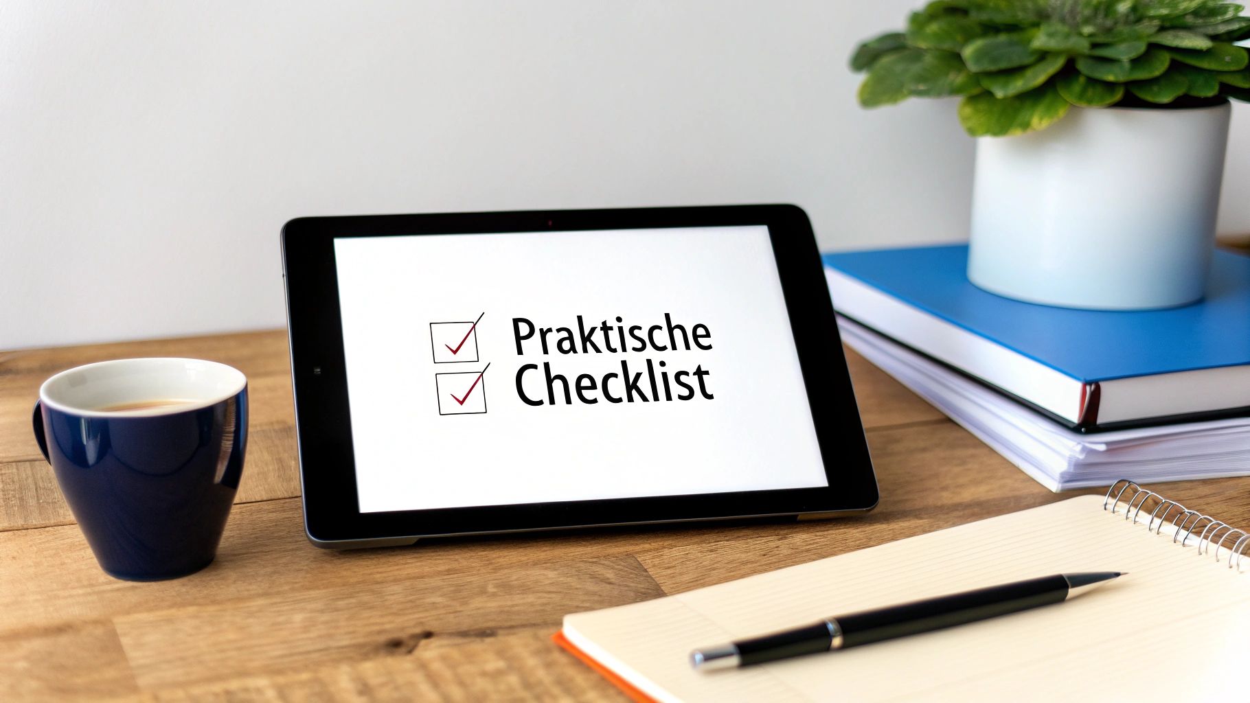 Een tablet met 'Praktische Checklist' op een bureau met koffie, boeken en een notitieboekje.
