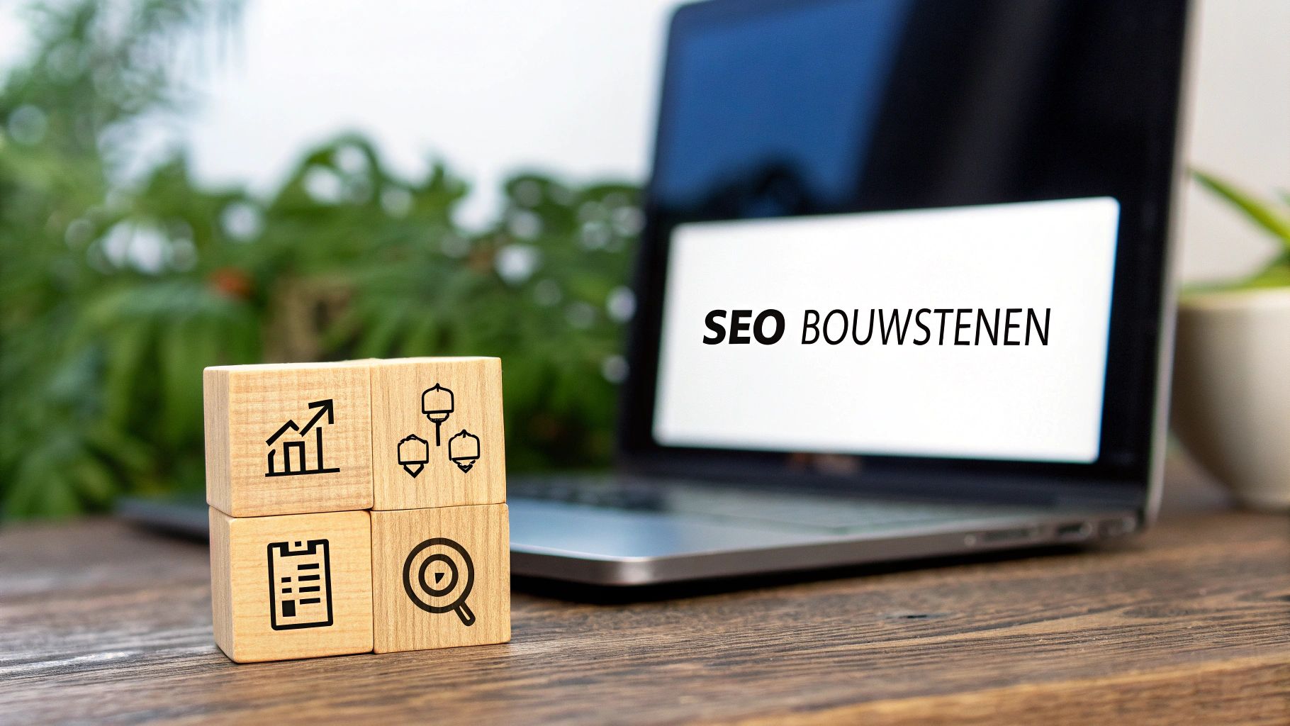 Vier houten blokken met SEO-pictogrammen voor een laptop met de tekst 'SEO BOUWSTENEN' op het scherm.