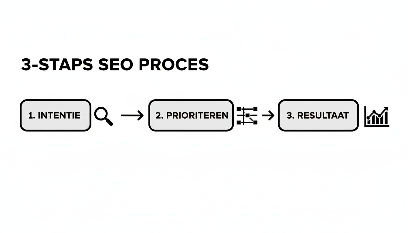 Schematische weergave van het 3-staps SEO proces: intentie, prioriteren en resultaat, met bijbehorende iconen.