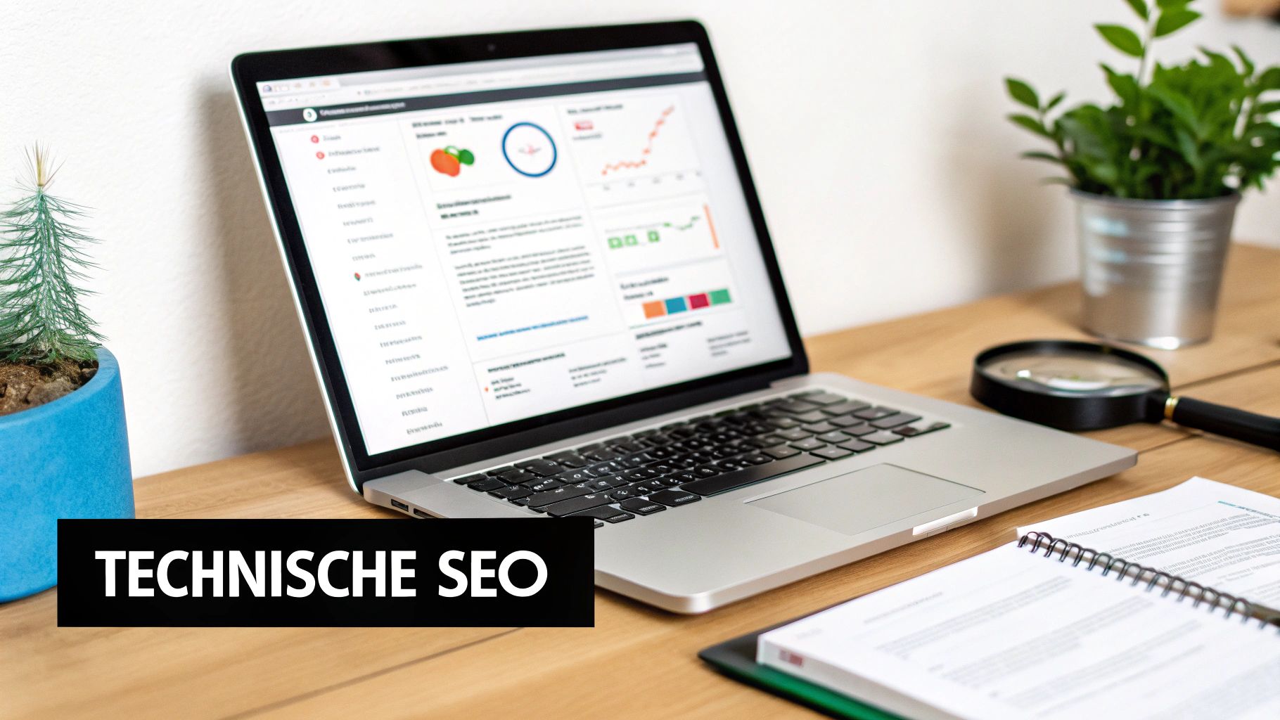 Laptop toont een technisch SEO-dashboard met grafieken en data, naast een vergrootglas en notitieboek op een houten bureau.