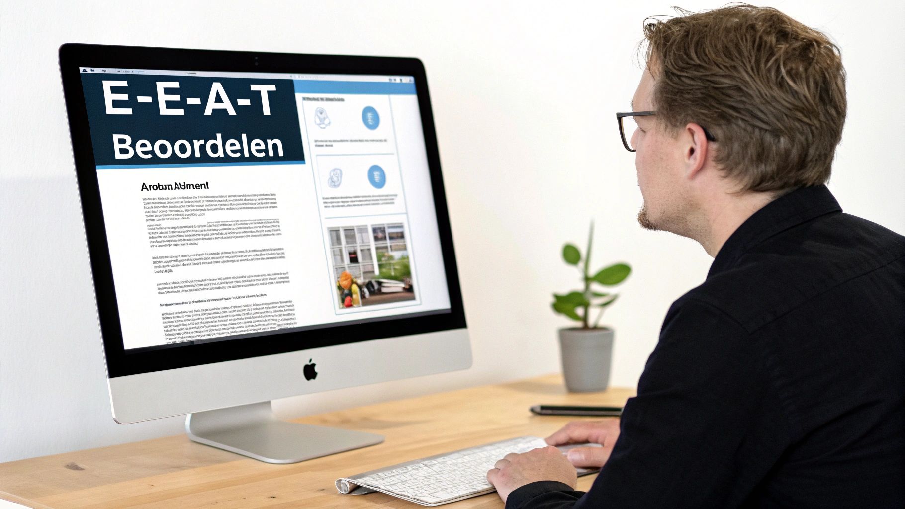 Man beoordeelt content op een iMac scherm, toont 'E-E-A-T Beoordelen' artikel.