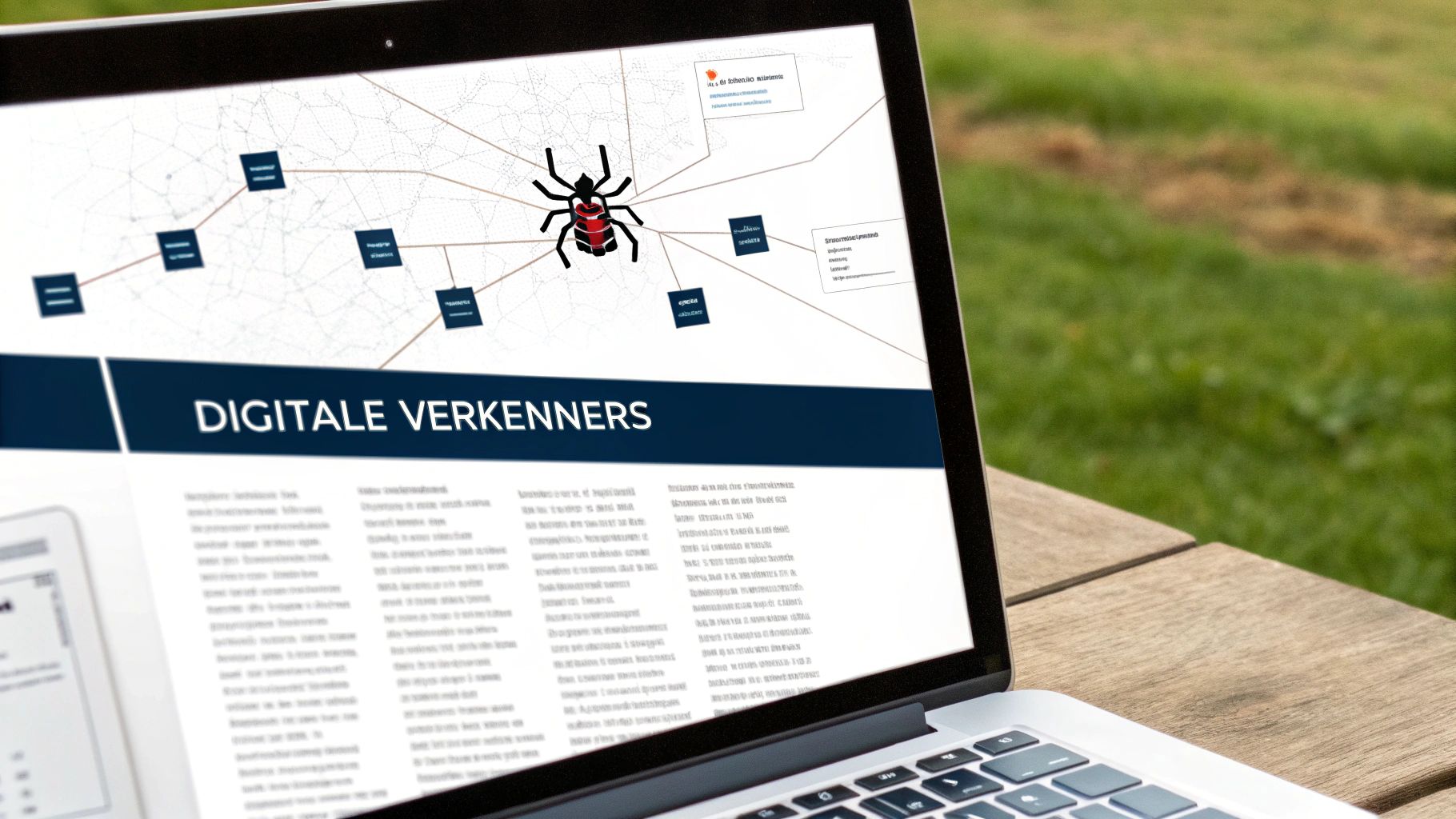 Een laptop toont een scherm met een diagram, een spin-icoon en de titel 'Digitale Verkenners' op een houten tafel met gras.