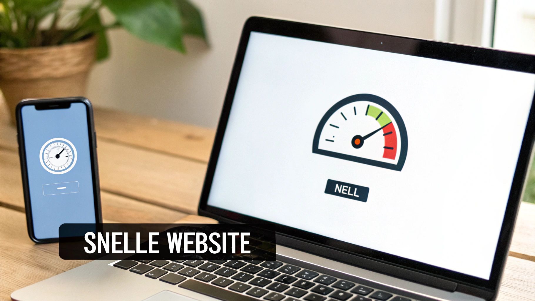 Laptop en smartphone tonen snelheidsmeters met de tekst 'SNELLE WEBSITE', symboliseren websiteprestaties en snelheid.