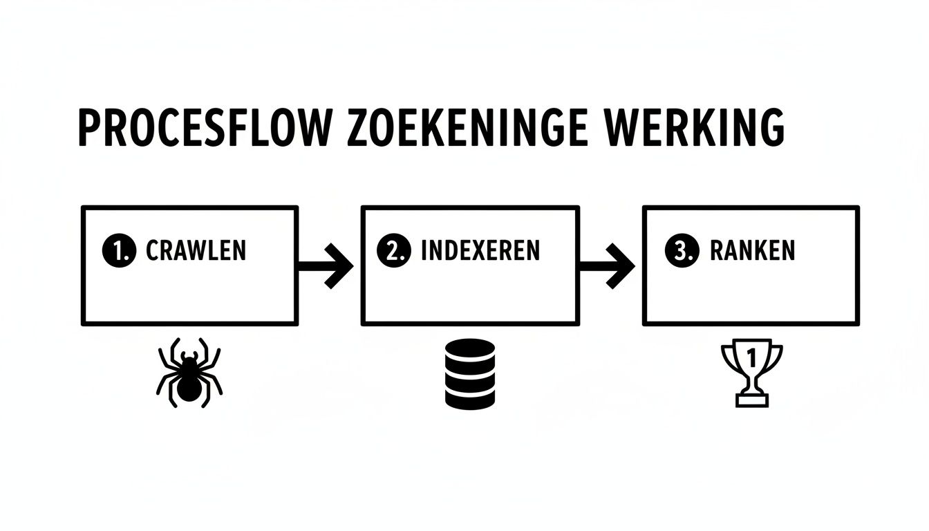 Processtroomdiagram van zoekmachine werking met stappen: crawlen, indexeren en ranken, elk met bijbehorend icoon.