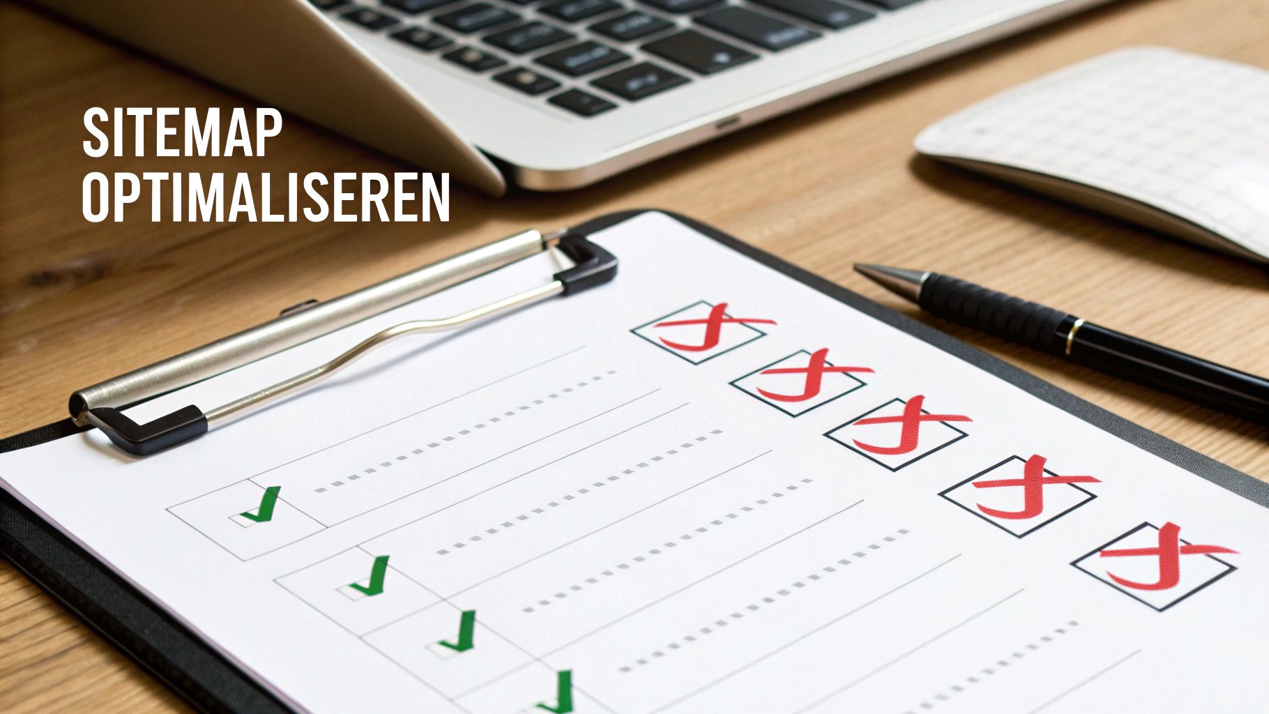 Een checklist voor website sitemap optimalisatie, met laptop en pen op een houten bureau.