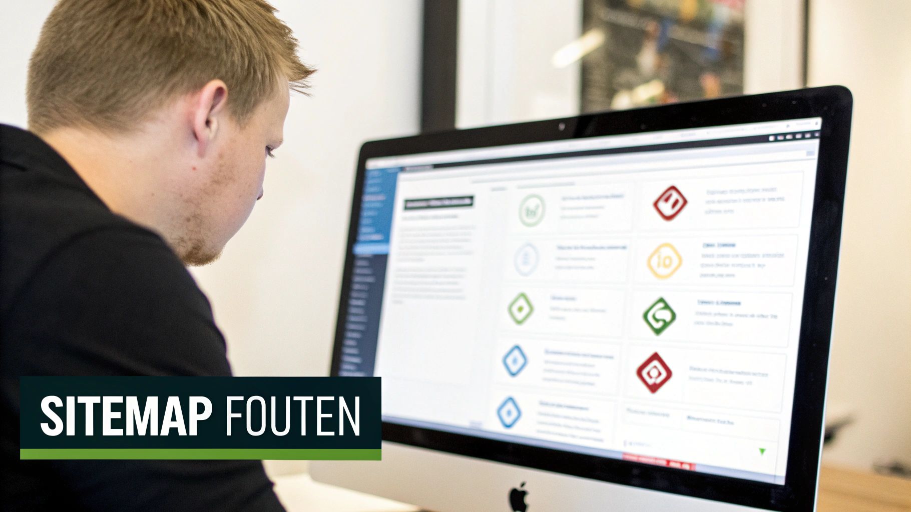 Een illustratie van een vergrootglas dat een rood waarschuwingsicoon op een website scant.