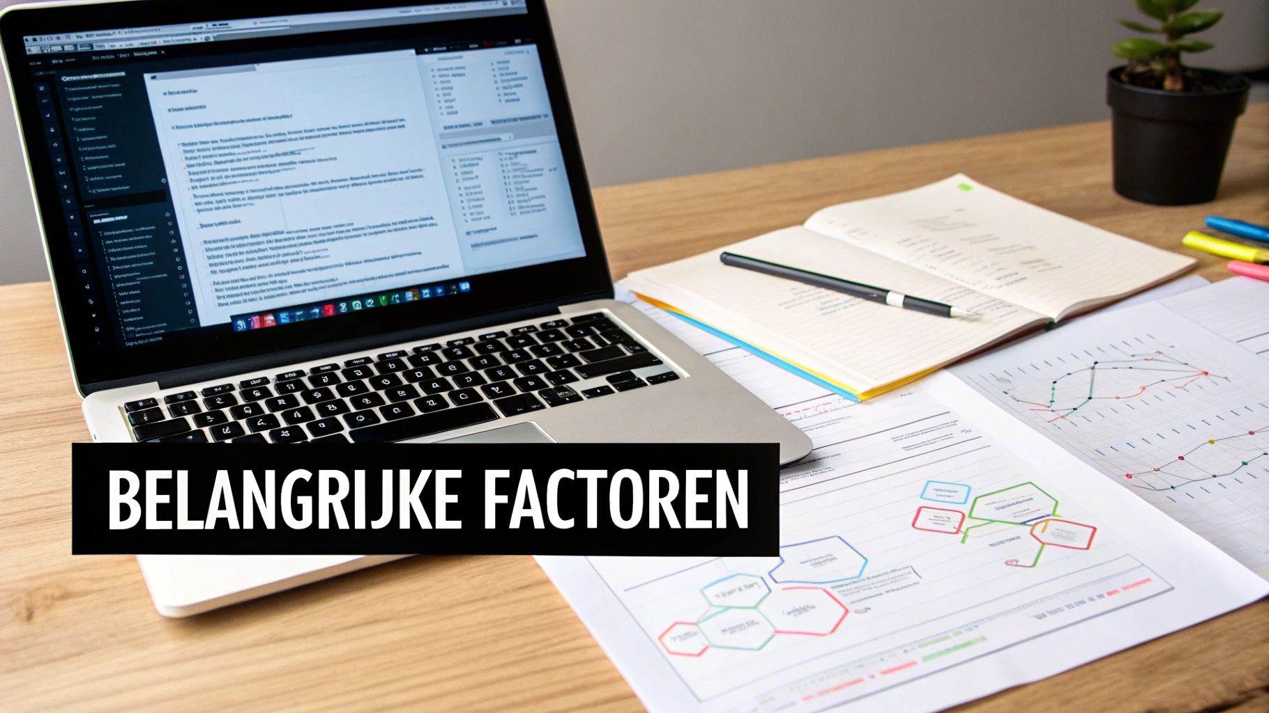 Een overzichtelijke werkplek met een laptop, open notitieboek, een pen en documenten met diagrammen en grafieken, op een houten bureau.
