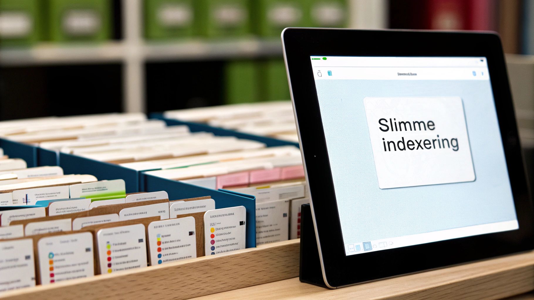 Een tablet toont 'Slimme indexering' naast een lade met geordende archiefkaarten, in een kantooromgeving.