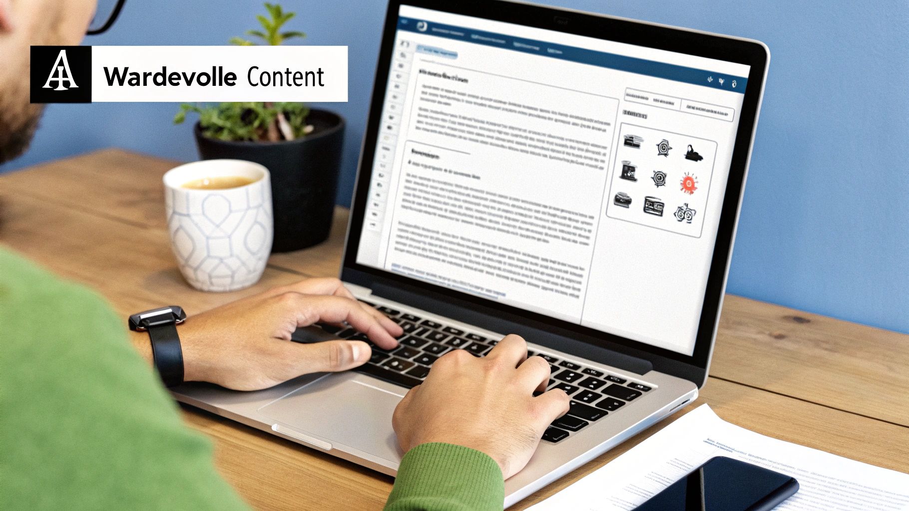Man typt op laptop aan een bureau, toont 'Wardevolle Content' met tekst en icoontjes.