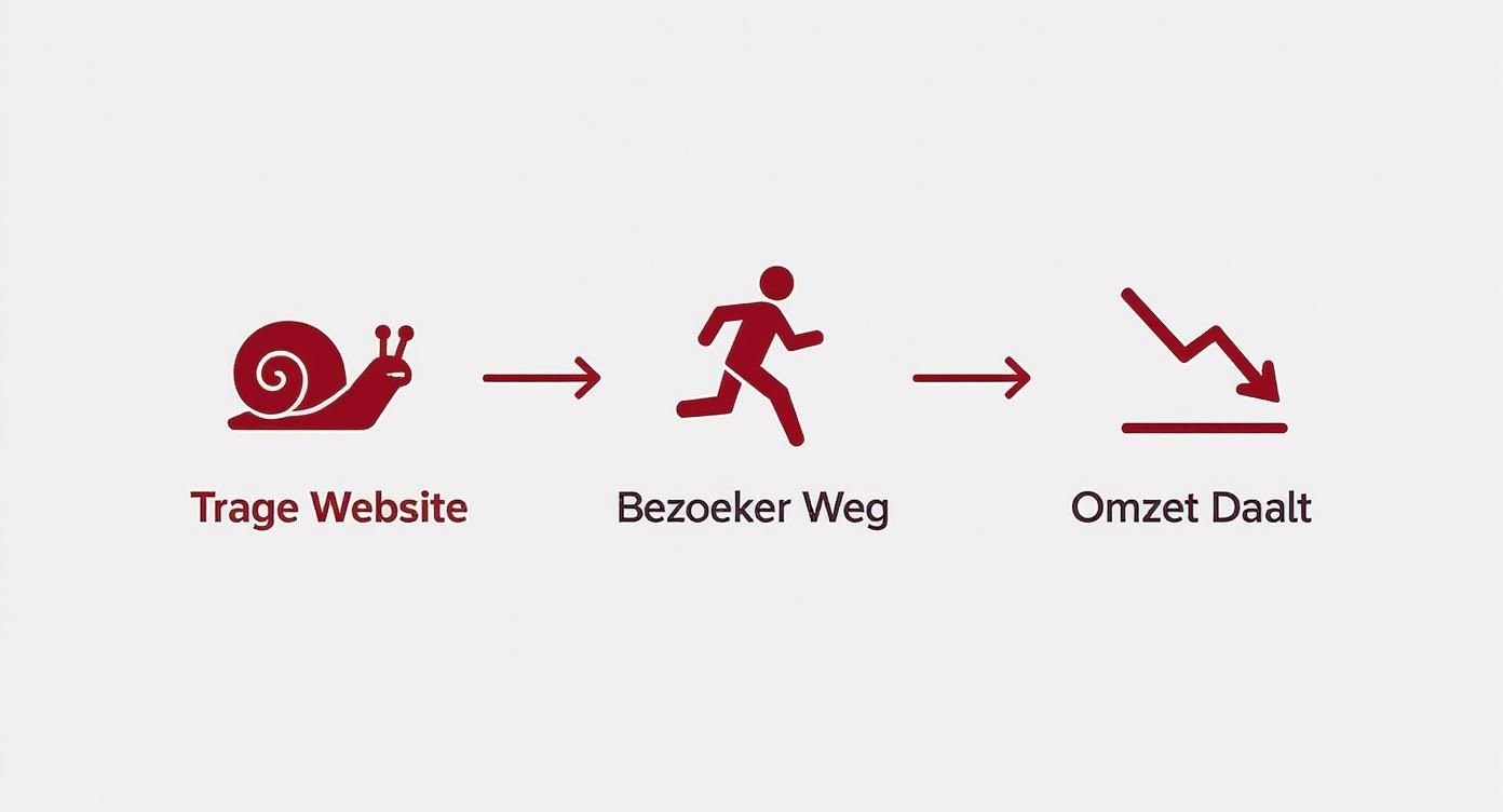 Diagram toont progressie van trage website met slak naar snelle bezoeker naar omzet stijging met dalende pijl