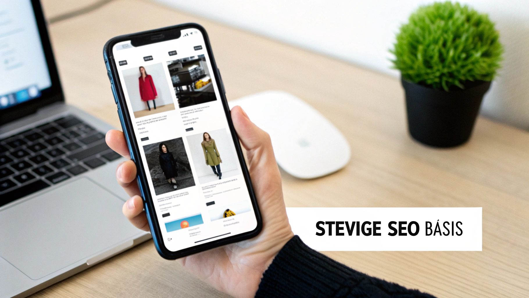Een persoon houdt een smartphone vast die een webshop met diverse kledingstukken toont. Op de achtergrond zijn een laptop, computermuis en een plantje op een houten bureau te zien. De tekst 'STEVIGE SEO BASIS' is ook zichtbaar.