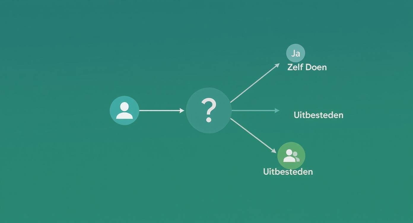 Flowchart die de keuze toont tussen zelf taken uitvoeren of deze uitbesteden, inclusief teamopties.