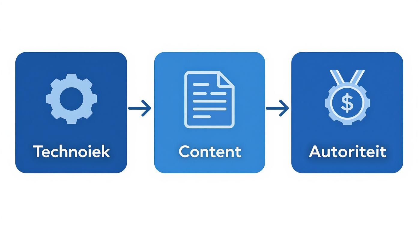 Een stroomschema dat de relatie toont tussen techniek, content en autoriteit, essentieel voor SEO.