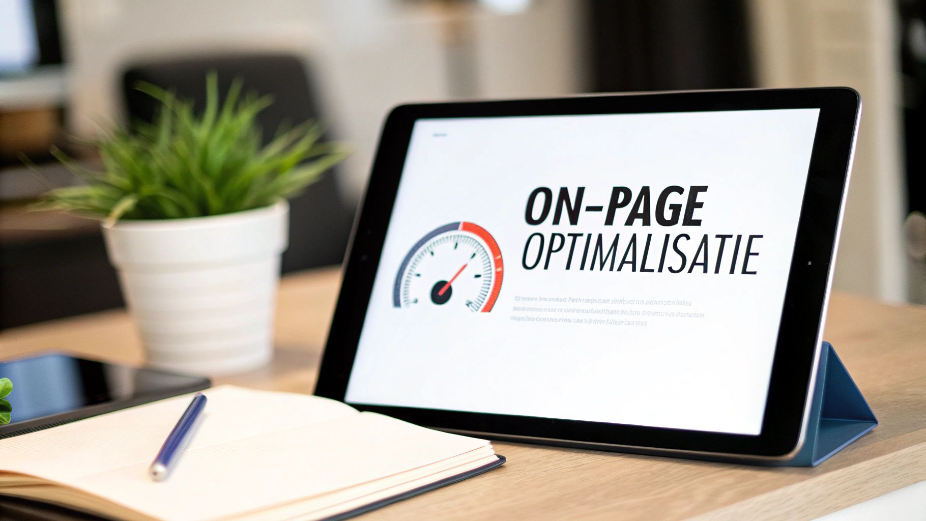Tablet met 'ON-PAGE OPTIMALISATIE' en snelheidsmeter op een houten bureau met plant en notitieboekje.