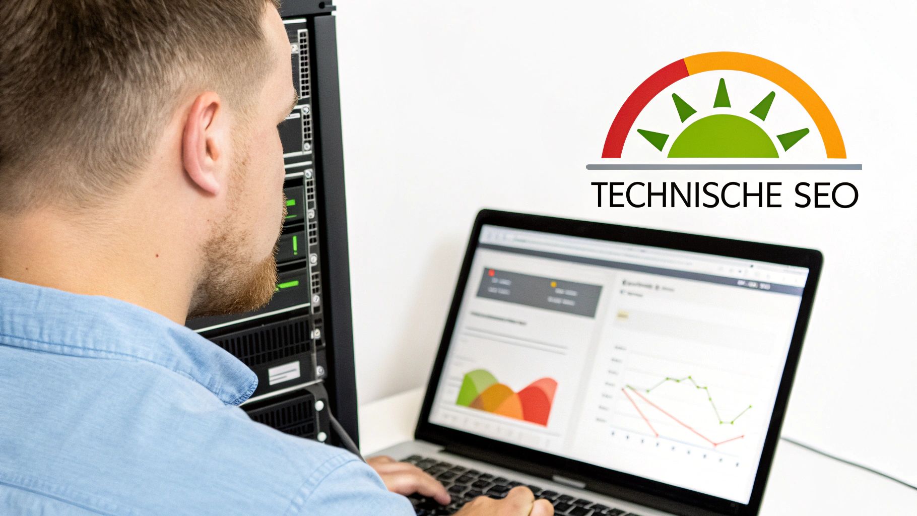 Man met baard werkt aan server en laptop met gegevensanalyse voor technische SEO.
