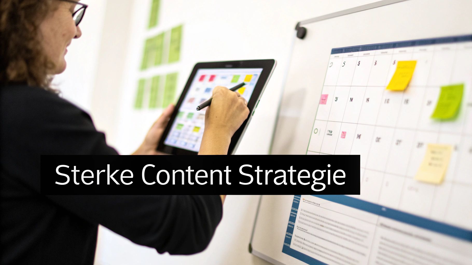 Vrouw met tablet en stylus werkt aan een sterke content strategie, met een whiteboard en kalender op de achtergrond.