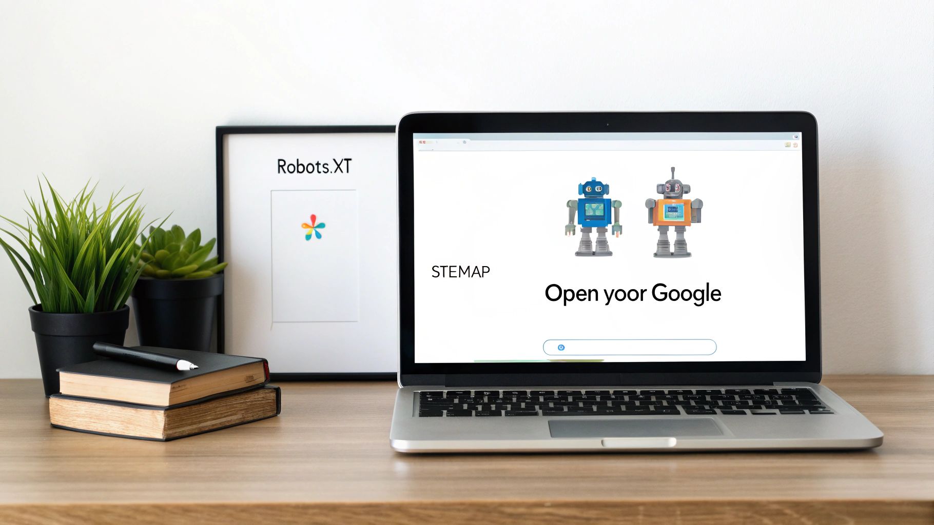Laptop toont Google sitemap interface met robots en Robots.XT document op bureau met planten