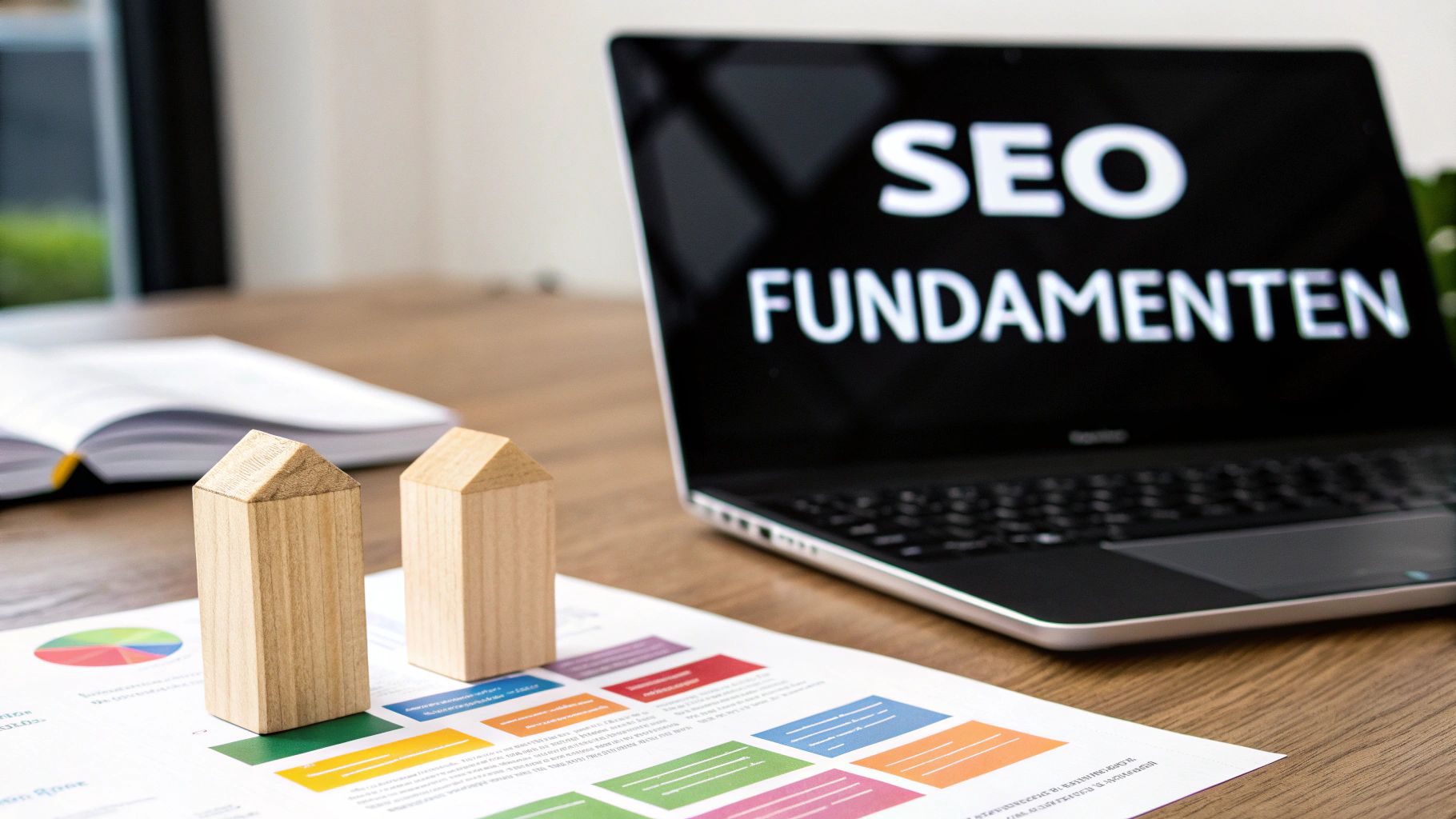 Laptop toont SEO fundamenten presentatie met houten huismodellen op kleurrijke grafieken en analytics rapporten