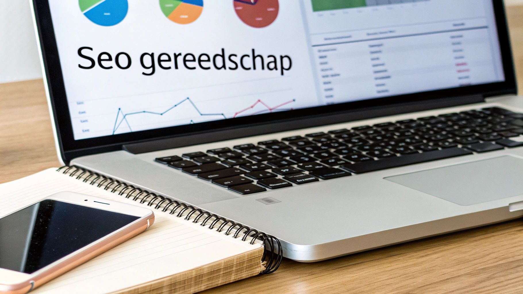 Laptop met 'Seo gereedschap' op het scherm, grafieken, een notitieboek en een smartphone.