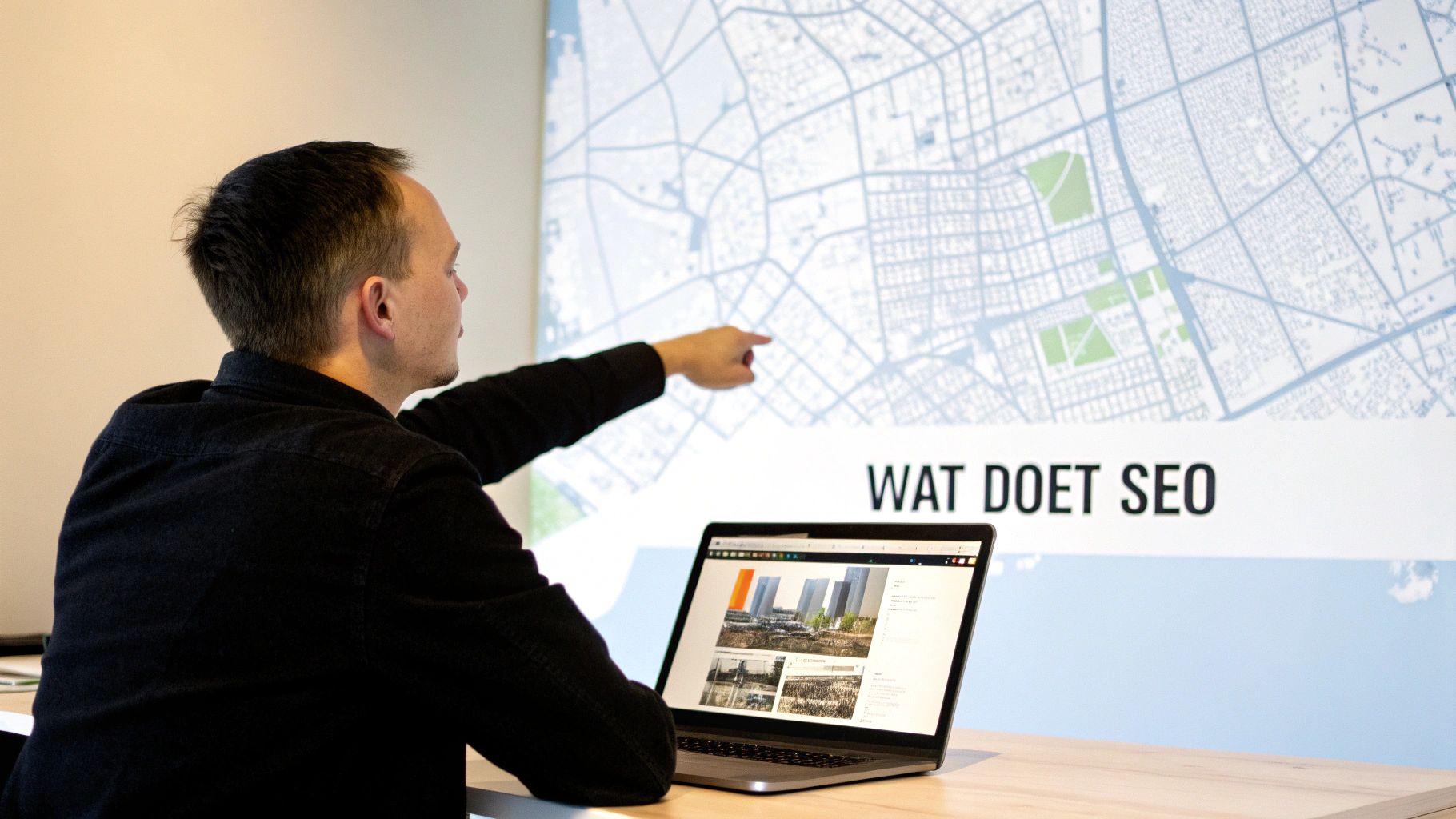 Een man wijst naar een grote kaart aan de muur met de tekst 'WAT DOET SEO', terwijl hij voor een laptop zit.