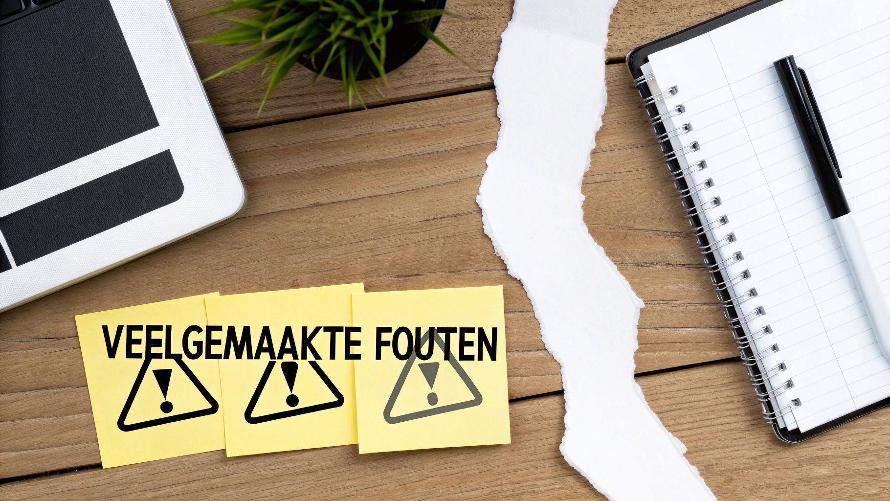 Bovenaanzicht van een bureau met laptop, notitieboekje en gele post-its met de tekst 'Veelgemaakte Fouten' en waarschuwingstekens.
