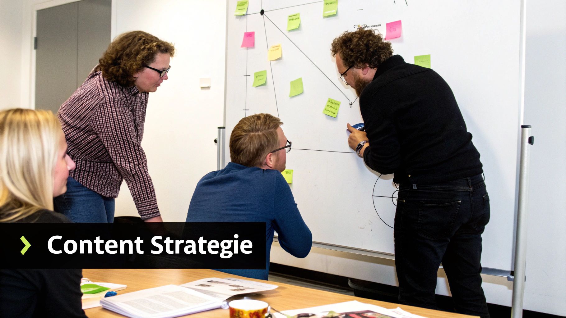 Mensen werken samen aan een whiteboard met post-its, bezig met het ontwikkelen van een contentstrategie.