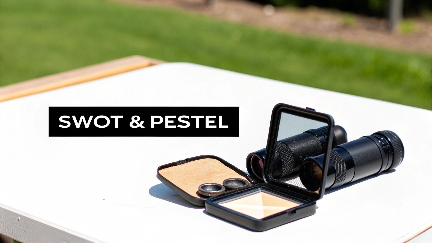 Een witte tafel met een make-up compact met spiegel, een monoculaire telescoop en de tekst 'SWOT & PESTEL' erop.