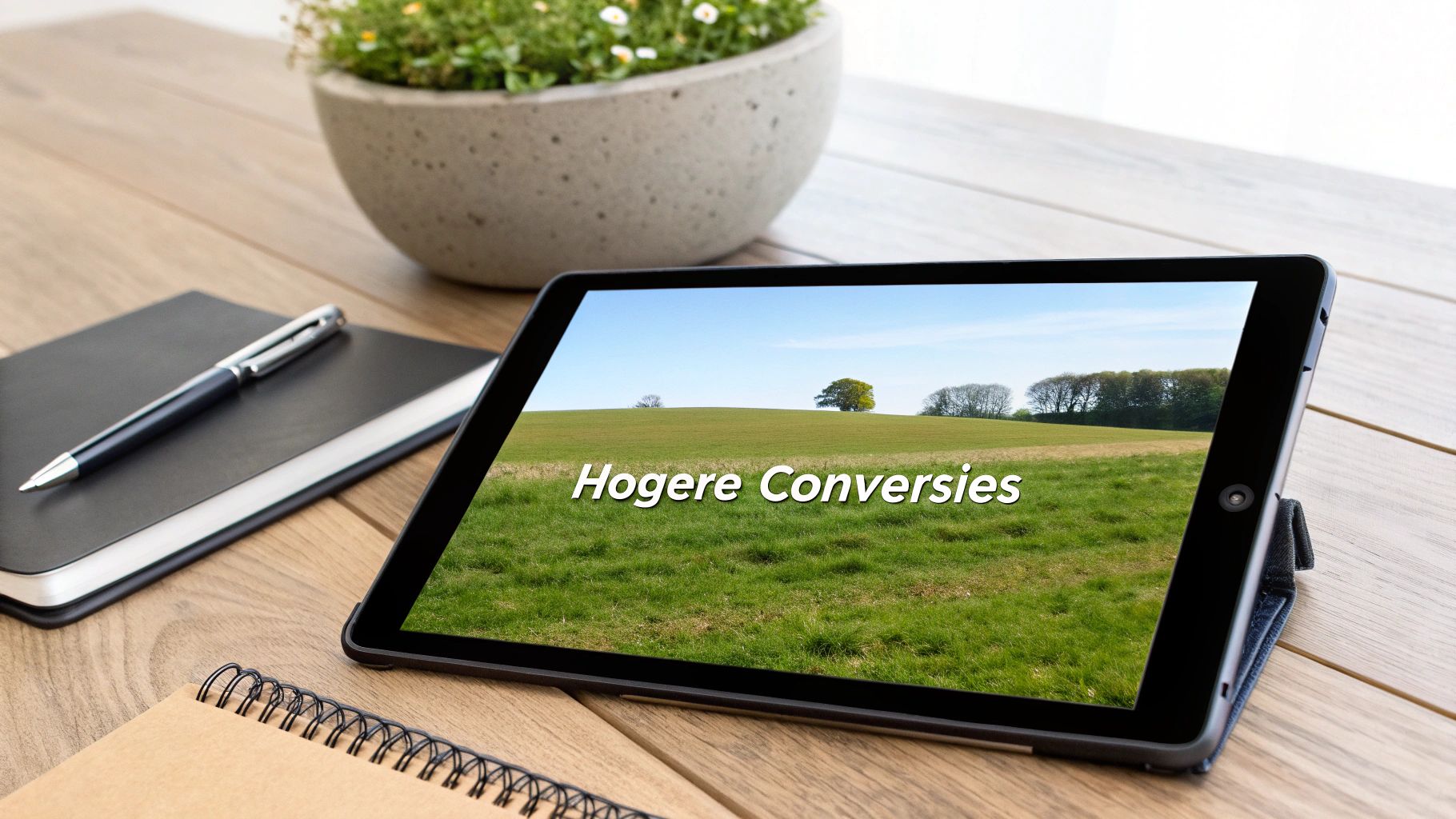 Een tablet op een houten bureau toont 'Hogere Conversies' op een landschap, met notitieboek en pen.