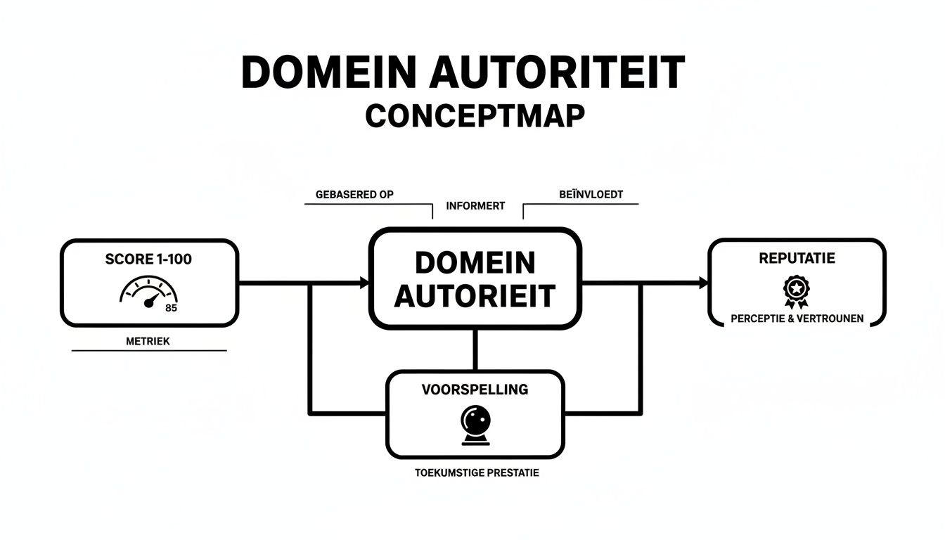 Conceptmap over Domein Autoriteit: gebaseerd op score, informeert toekomstige prestatie, en beïnvloedt reputatie.