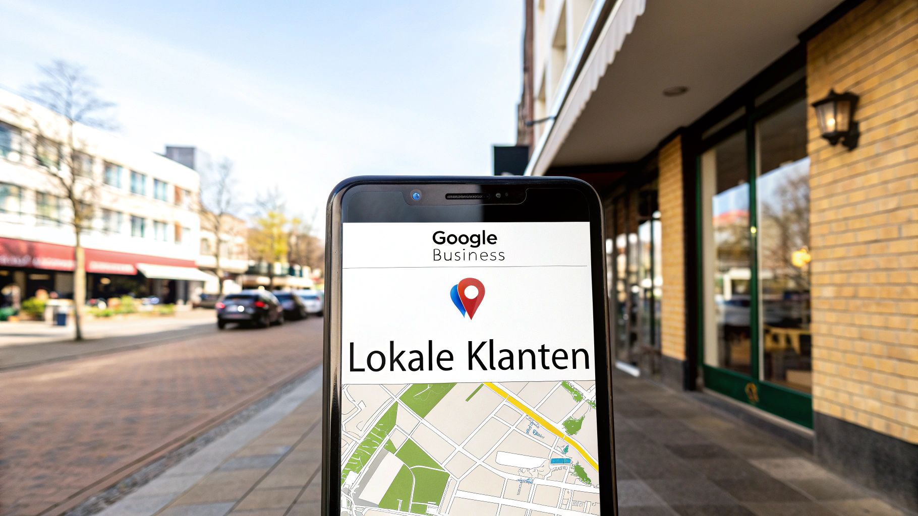 Een smartphone toont Google Business en een kaart met 'Lokale Klanten' op een commerciële straat.