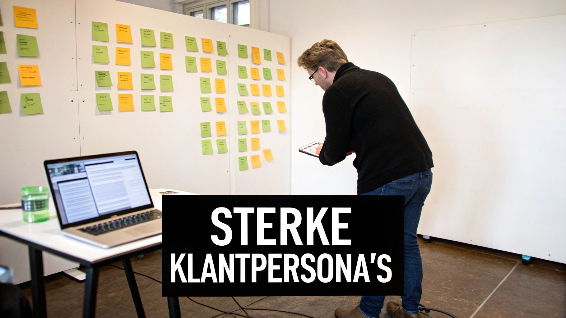 Een man in een zwarte trui en jeans bekijkt een muur vol gele en groene post-its tijdens een brainstormsessie.