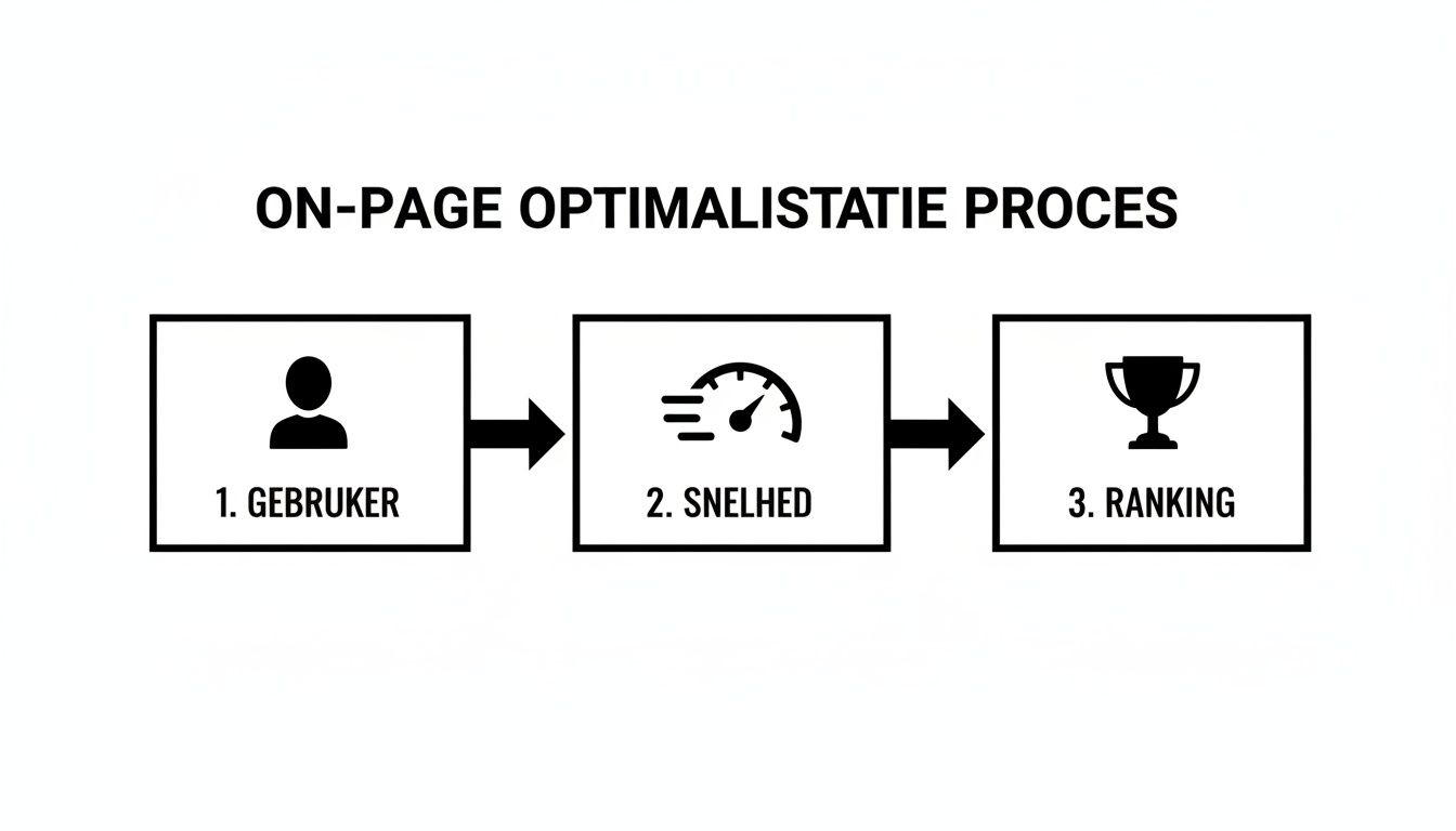 Flowchart dat het on-page optimalisatie proces visualiseert, met stappen voor gebruiker, snelheid en ranking.