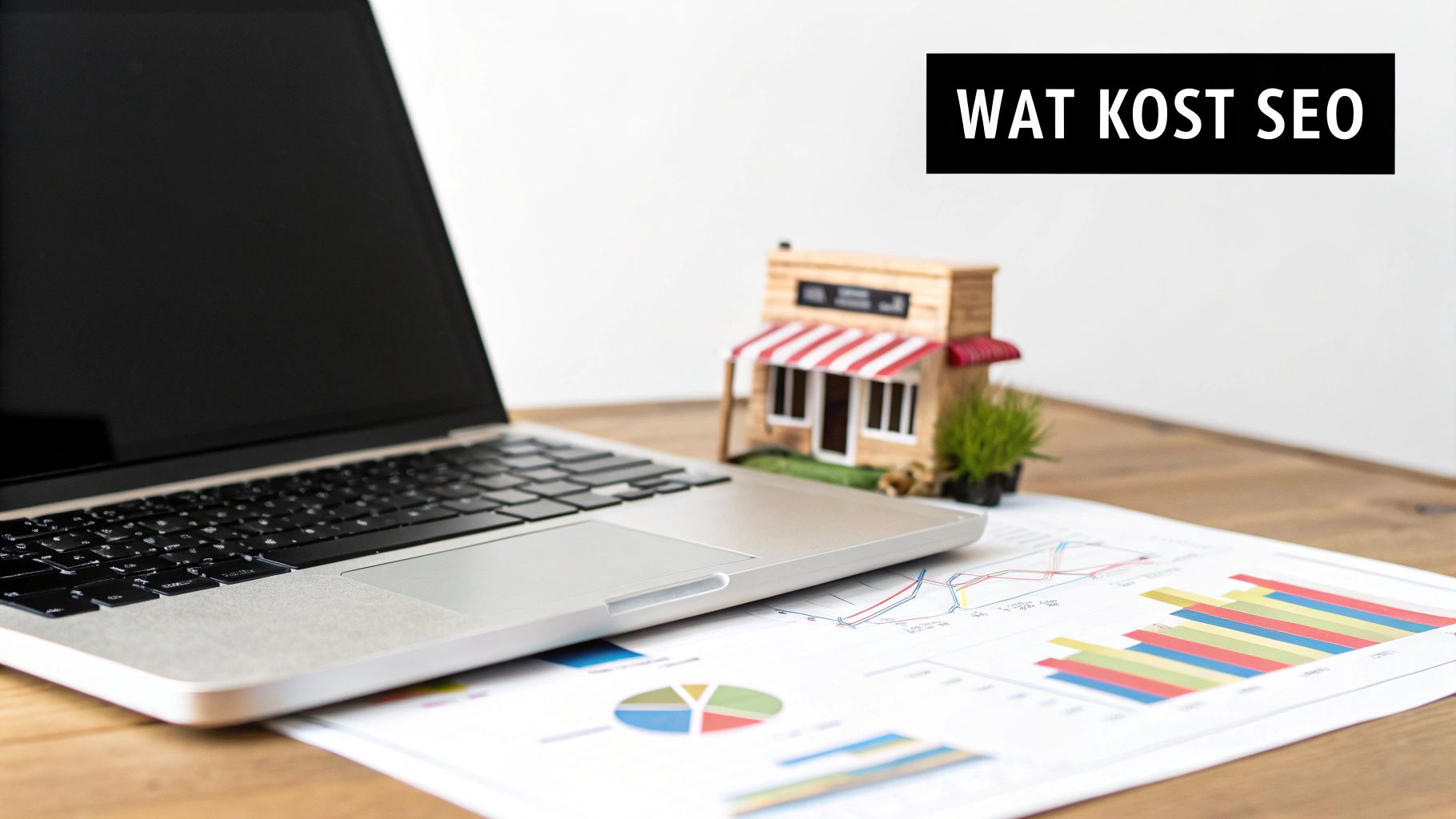 Een laptop en bedrijfsrapporten met grafieken op een tafel, naast een miniwinkelmodel en de tekst 'WAT KOST SEO'.