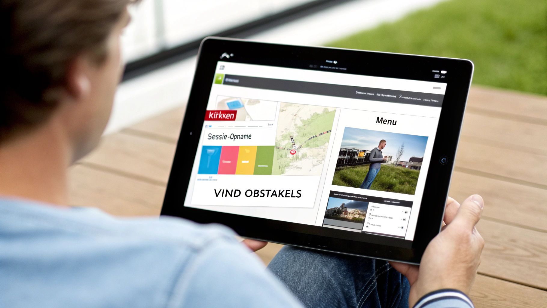 Een persoon houdt een tablet vast en bekijkt een website met een kaart en verschillende secties.